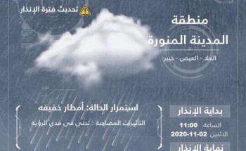 الأرصاد : أمطار خفيفة وتدن في مدى الرؤية على منطقة المدينة المنورة