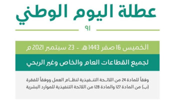 متحدث الموارد البشرية: عطلة اليوم الوطني لجميع القطاعات ستكون الخميس 23 سبتمبر