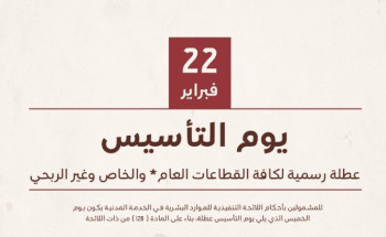 22 فبراير.. عطلة رسمية لكافة القطاعات العام والخاص وغير الربحي بمناسبة يوم التأسيس