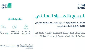 للبيع بالمزاد العلني.. 11 فرصة عقارية بمزاد شارِق بمساحة إجمالية أكثر من 35,000 م2 شرق العاصمة الرياض