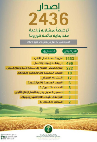 البيئة تصدر 2436 ترخيصاً لأنشطة زراعية منذ بداية جائحة كورونا