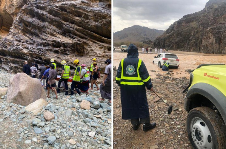 شاهد.. “مدني الريث” ينتشل جثة غريق وينقذ آخرين سقطوا في مياه وادي لجب