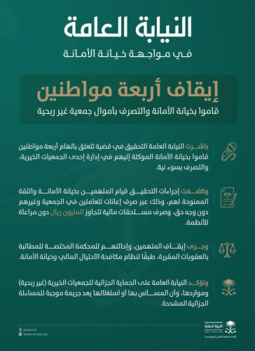 النيابة العامة: إيقاف أربعة مواطنين قاموا بخيانة الأمانة والتصرف بأموال جمعية خيرية