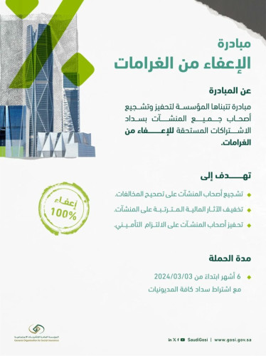 “التأمينات الاجتماعية” تطلق مبادرة الإعفاء من غرامات التأخير والمخالفات بنسبة 100%