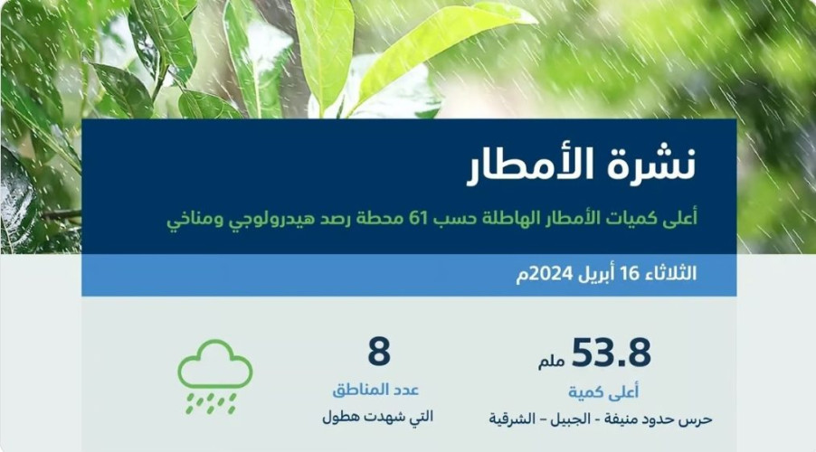 “البيئة”: أمطار متفرّقة في 8 مناطق.. والشرقية الأعلى بـ53.8 ملم في الجبيل