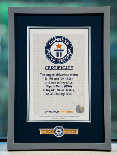 قطار الرياض يسجل إنجازًا عالميًا بدخوله موسوعة “غينيس للأرقام القياسية” بوصفه أطول شبكة قطار ذاتية القيادة في العالم