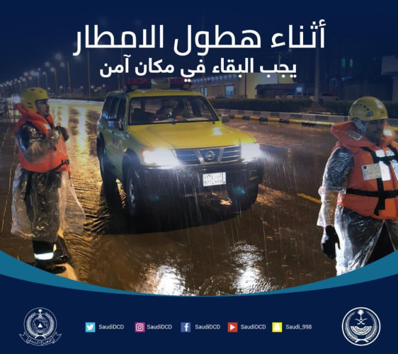 الدفاع المدني يهيب بالجميع توخي الحيطة لاحتمالية هطول أمطار رعدية على بعض مناطق المملكة