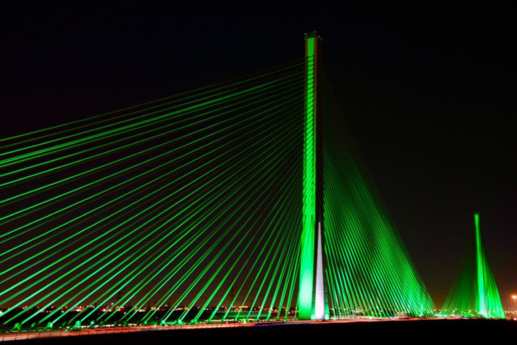 تزامناً مع اليوم الوطني الـ 91.. وزارة النقل والخدمات اللوجستية تضيء الجسر المعلق باللون الأخضر