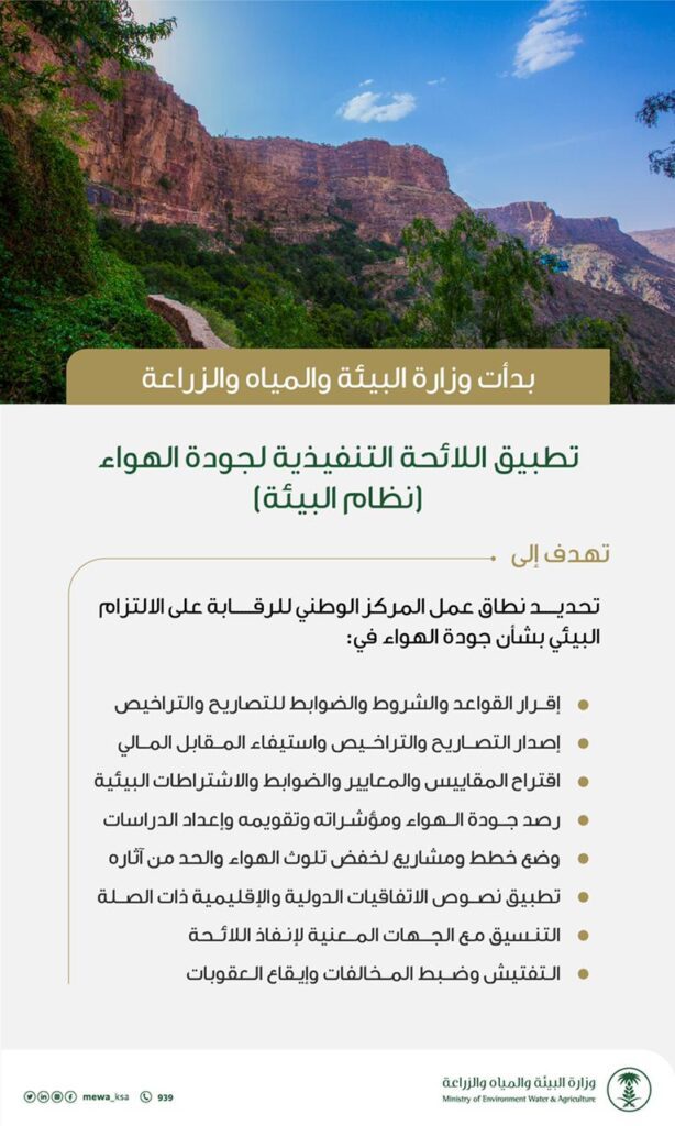 “البيئة” تبدأ تطبيق اللائحة التنفيذية لجودة الهواء في المملكة