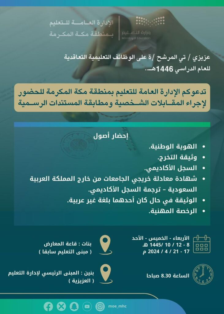 تعليم مكة المكرمة يبدأ المقابلات لـ  182 مرشحاً ومرشحة للوظائف التعليمية