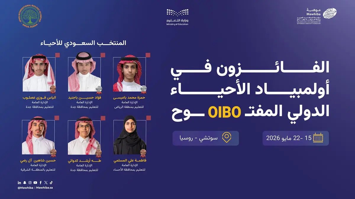 المملكة تحقق 6 ميداليات دولية في أولمبياد الأحياء الدولي المفتوح 2026 بروسيا
